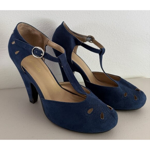 ModCloth Graham Street Heels Size 7.5 Blue Suede T-Strap Retro Vintage Style - Picture 2 of 9
